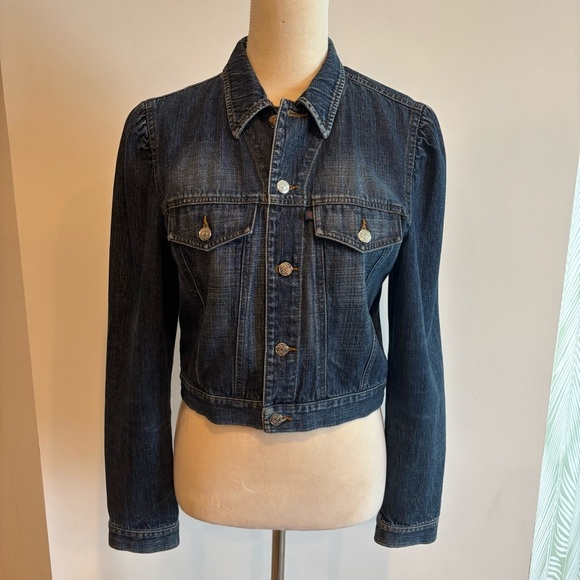 RALPH Ralph Lauren Dark Blue Wash Ruched Shoulder Denim Jean Jacket Medium - Picture 2 of 14